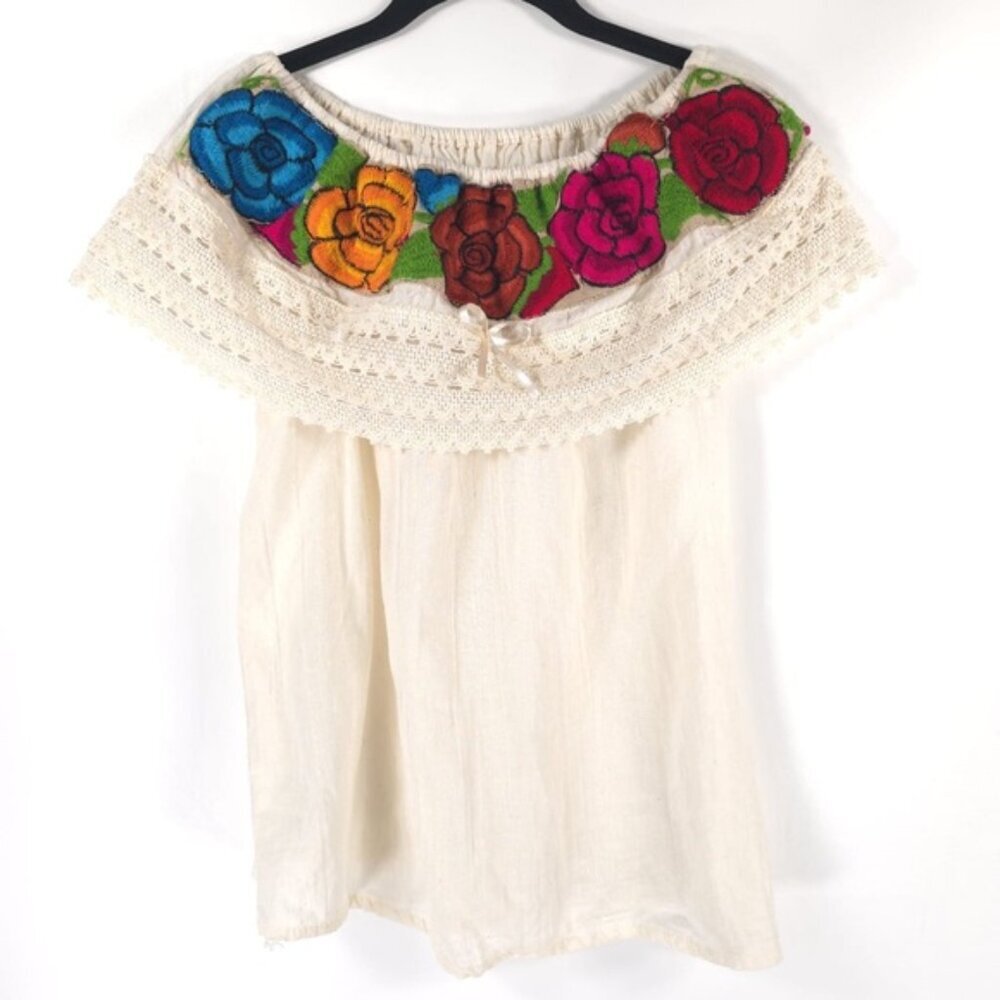 HANDMADE Mexican Embroidered On/Off Shoulder‎ Crochet Ruffle Bohemian Top S/M